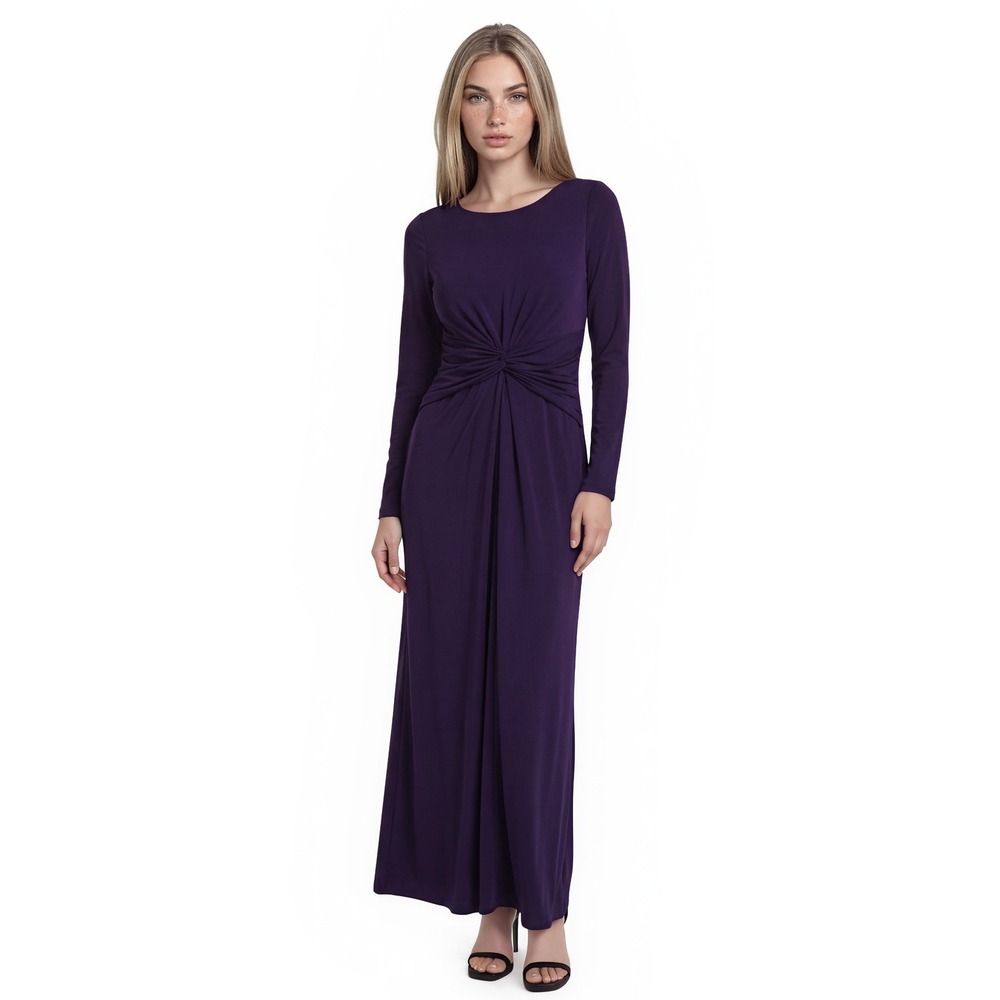 White Vera Wang Maxi Dress Women's Size 10 Purple Long Sleeve Twist Gown Evening